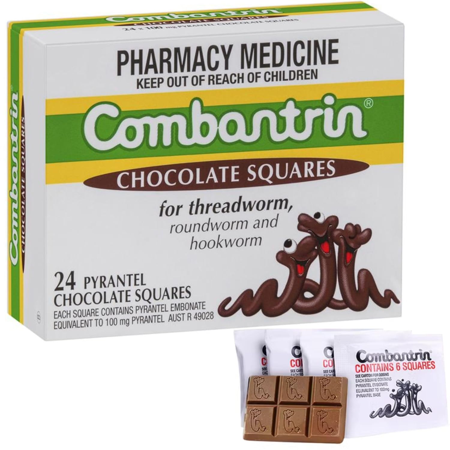 Box of Combantin Chocolate Squares for pinworm, roundworm, and hookworm treatment with packaging and squares displayed.