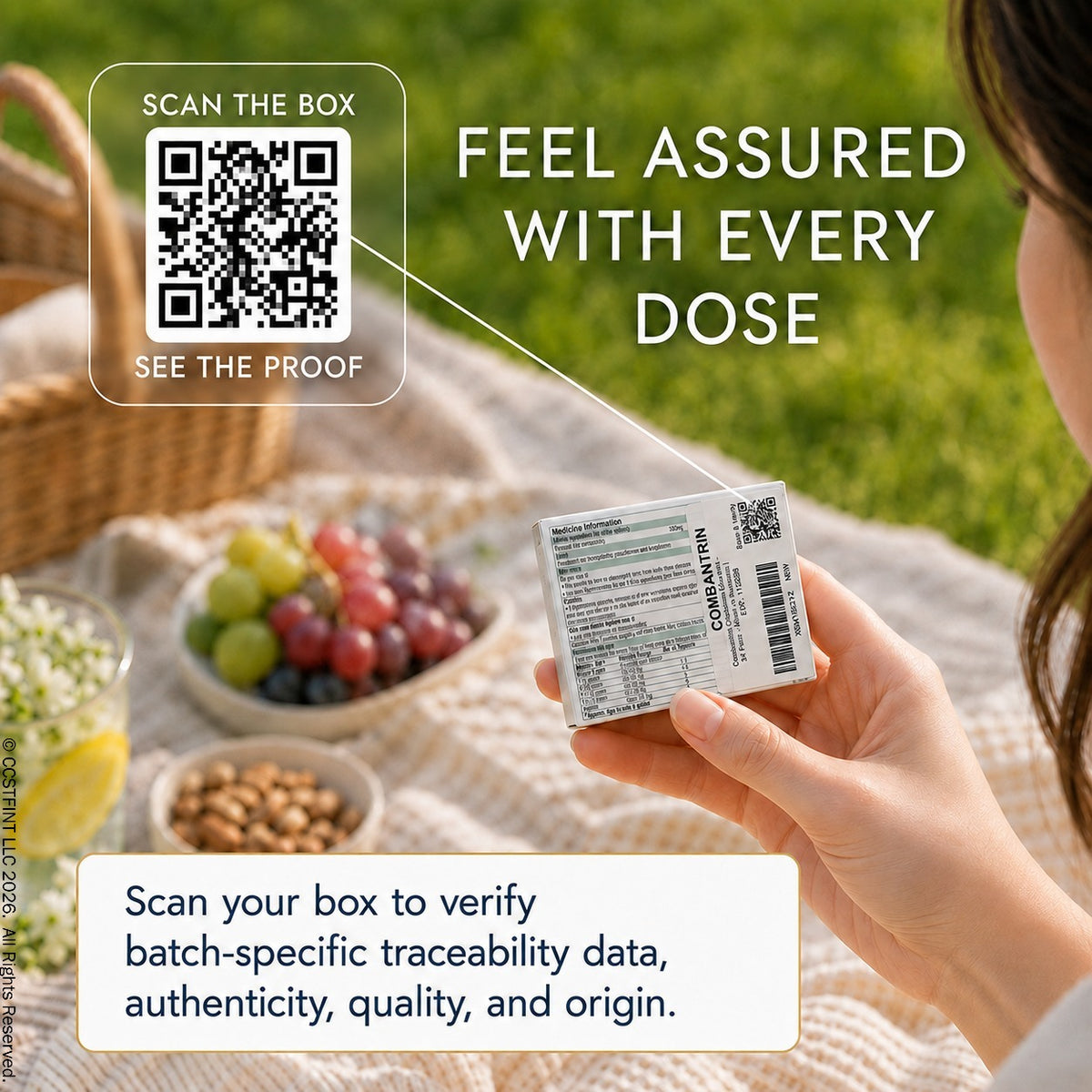 women scan her qr code to verify batch-specific traceability data, authenticity, quality and origin