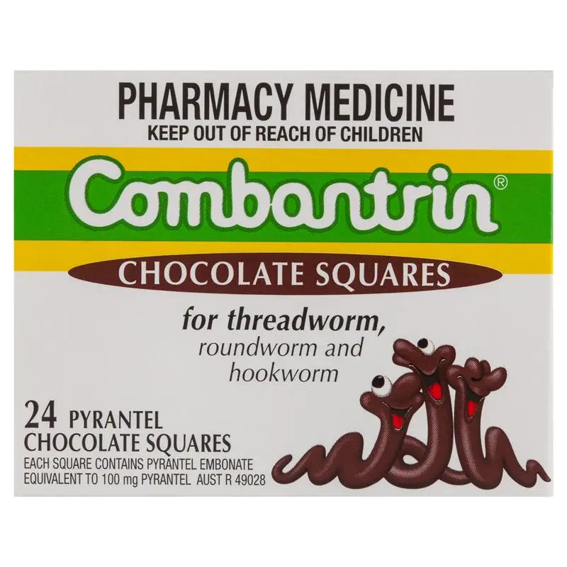 Box of Combmantrin Chocolate Squares for threadworm, roundworm, and hookworm treatment