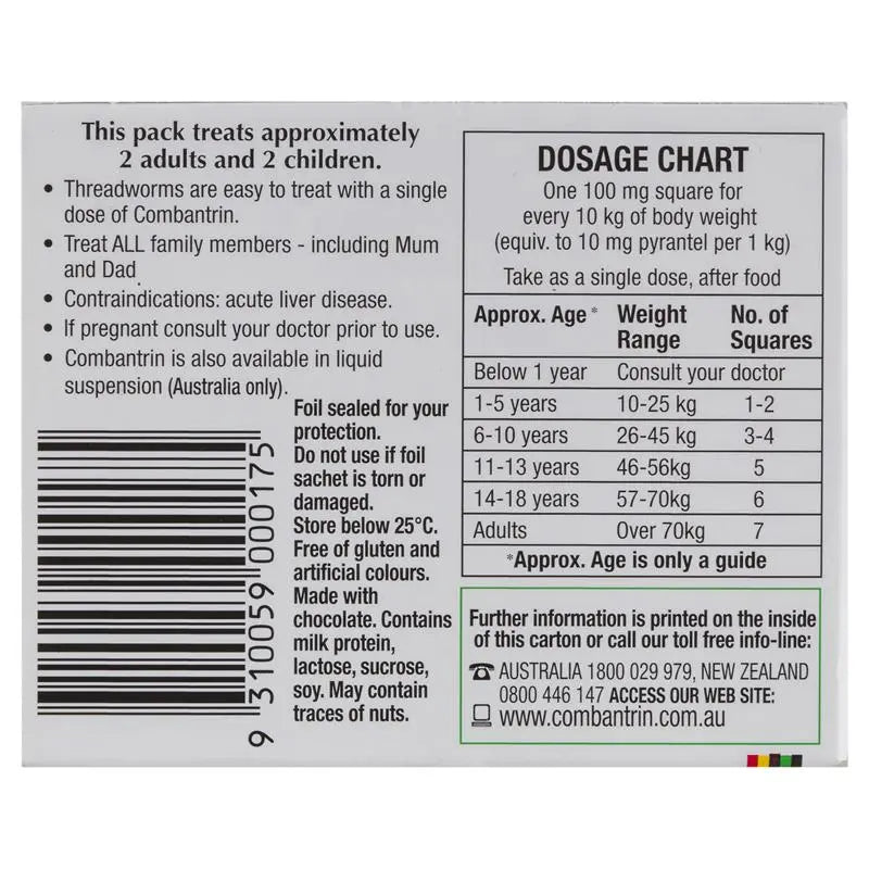 Dosage chart and treatment information for combantrin chocolate squares 24 pack