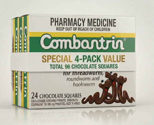 Combantrin chocholate squares family multi 4-pack on a white background
