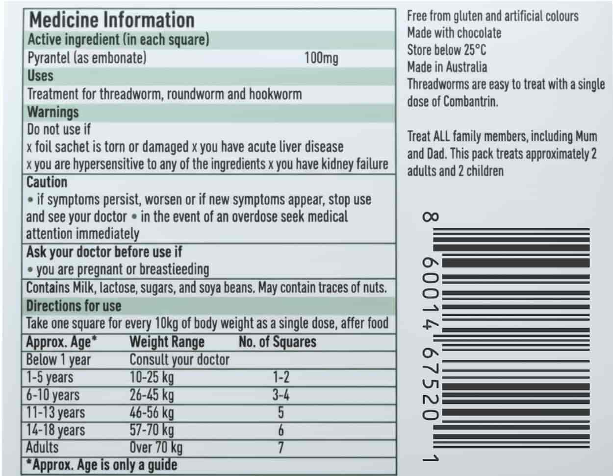 Combantrin Chocolate Squares worm treatment product