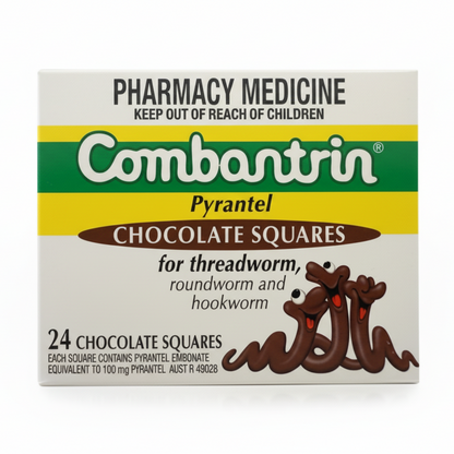 Box of Combantrin Chocolate Squares on a white background