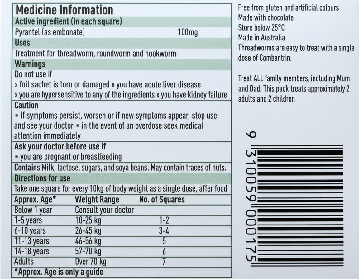 combantrin chocolate squares product label showing direction of use and dosage guide for combantrin in America