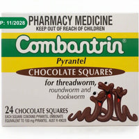 Combantrin Chocolate Squares 24 pack with verified 11/2028 expiration date for pinworm and threadworm treatment