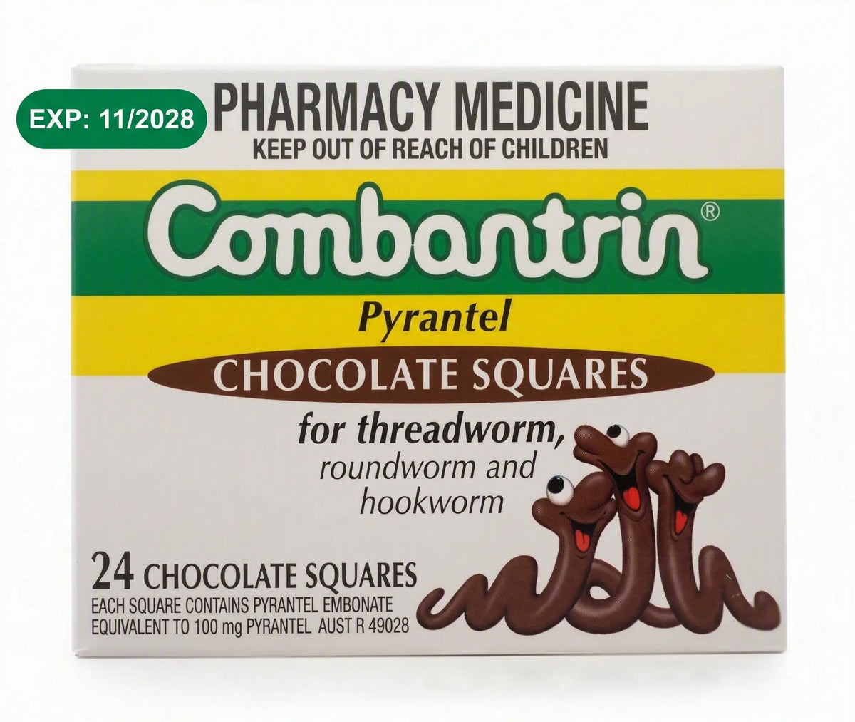 Combantrin Chocolate Squares 24 pack with verified 11/2028 expiration date for pinworm and threadworm treatment