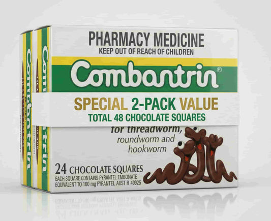 Bundle of 2 Boxes of Combantrin chocolate squares for treating worms on a white background
